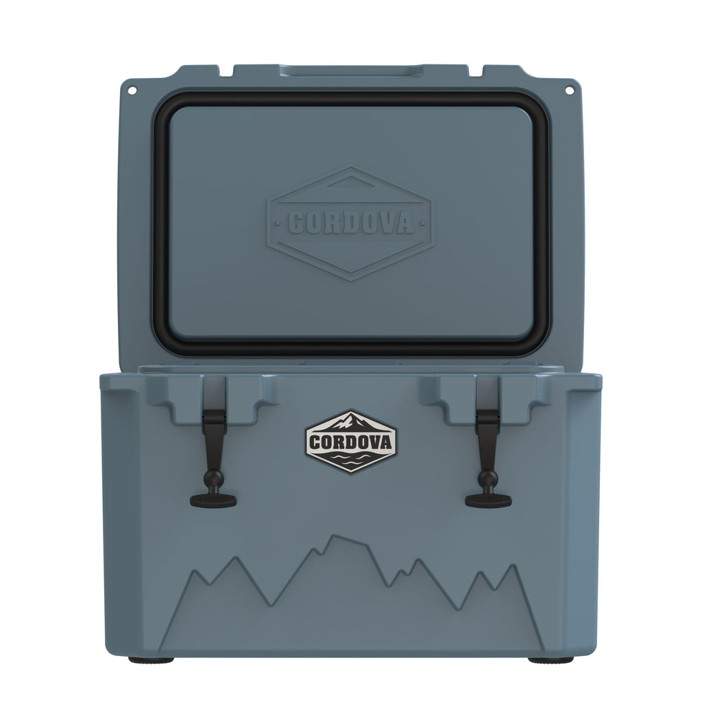 Slate-blue hard cooler from the front with the lid standing open