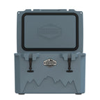 Slate-blue hard cooler from the front with the lid standing open