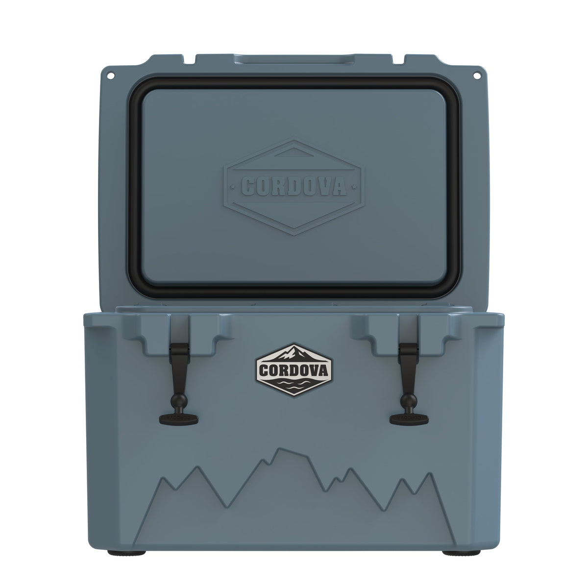 Slate-blue hard cooler from the front with the lid standing open