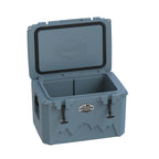 Slate-blue hard cooler at an angle with the lid open, showing the empty insulated well