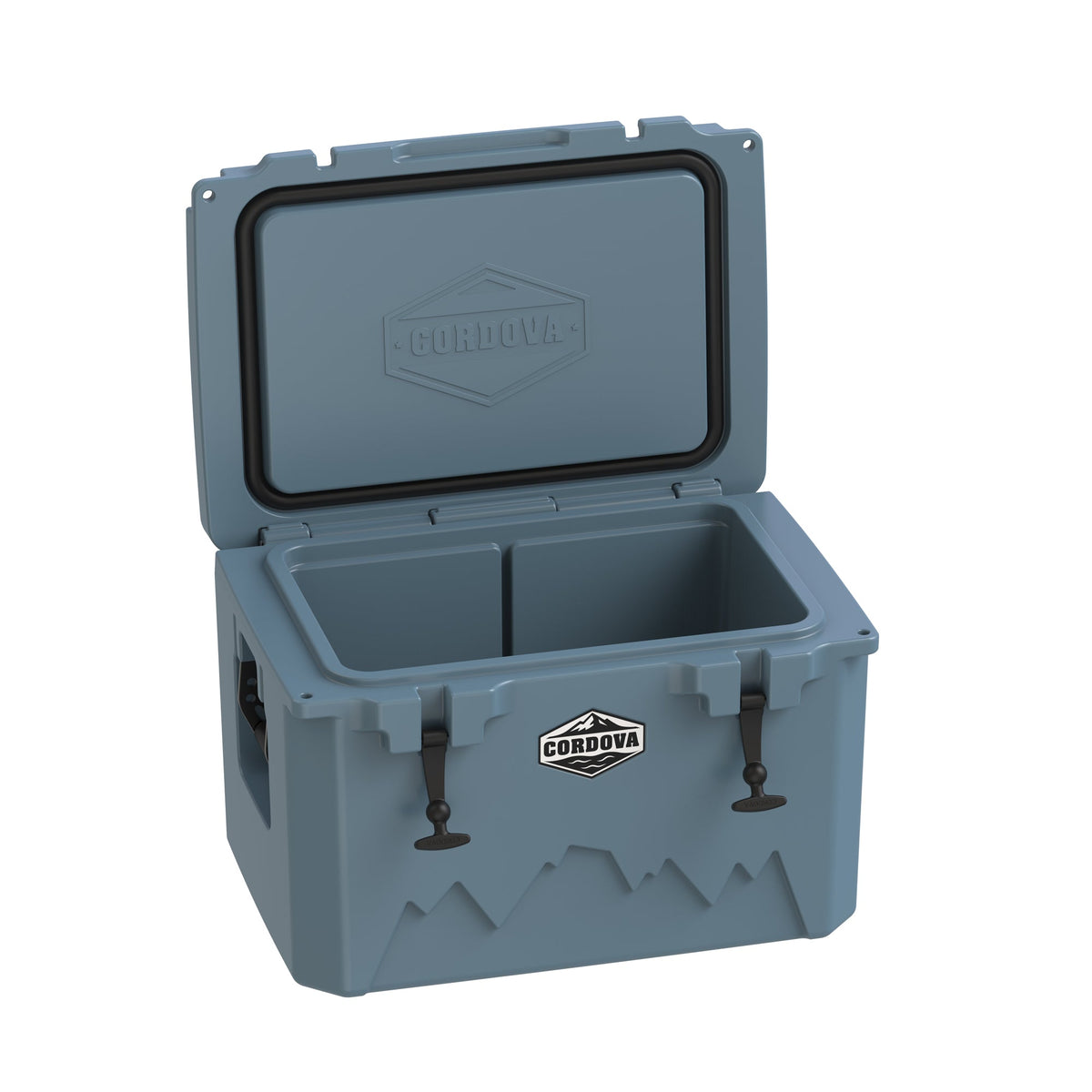 Slate-blue hard cooler at an angle with the lid open, showing the empty insulated well