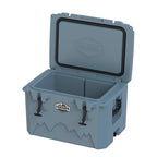 Slate-blue hard cooler at an angle with the lid open, seen from the other side