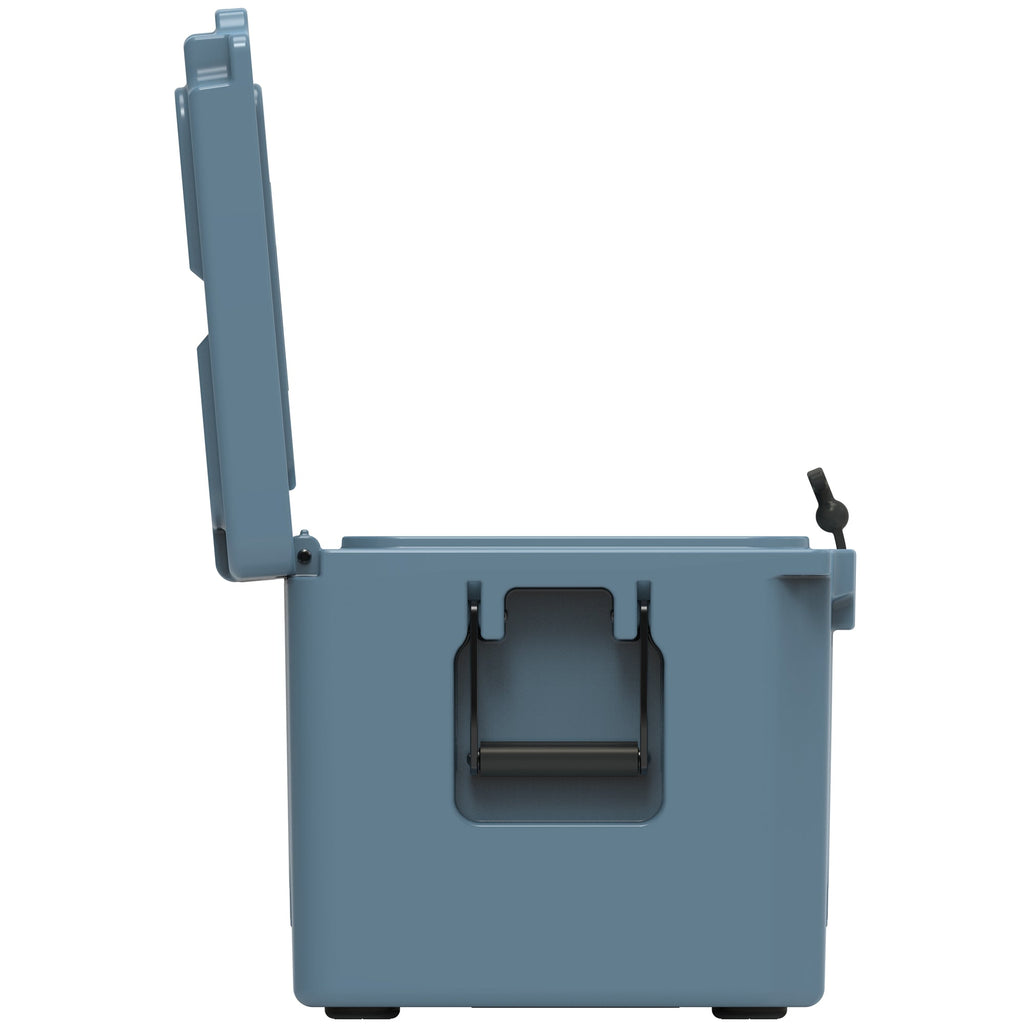 End view of the slate-blue hard cooler with the lid standing fully open