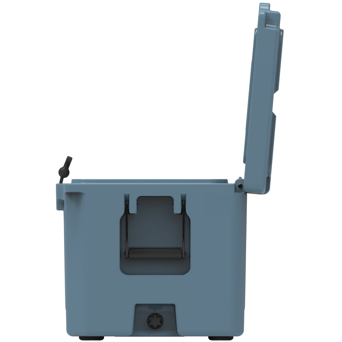 End view of the slate-blue hard cooler from the drain side with the lid fully open