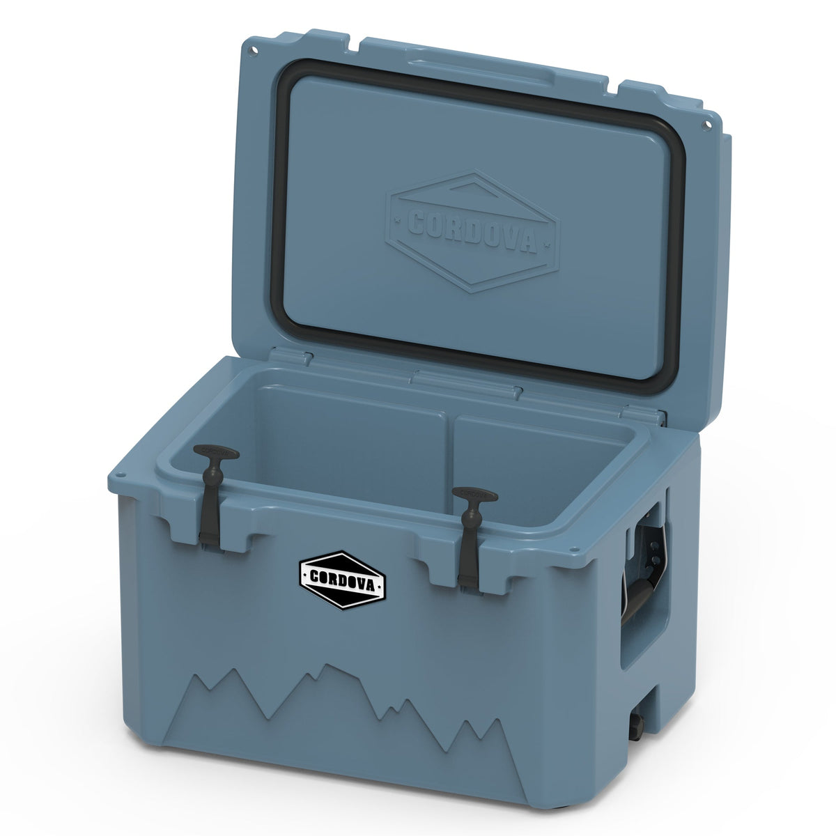 Slate-blue hard cooler from a low angle with the lid propped open