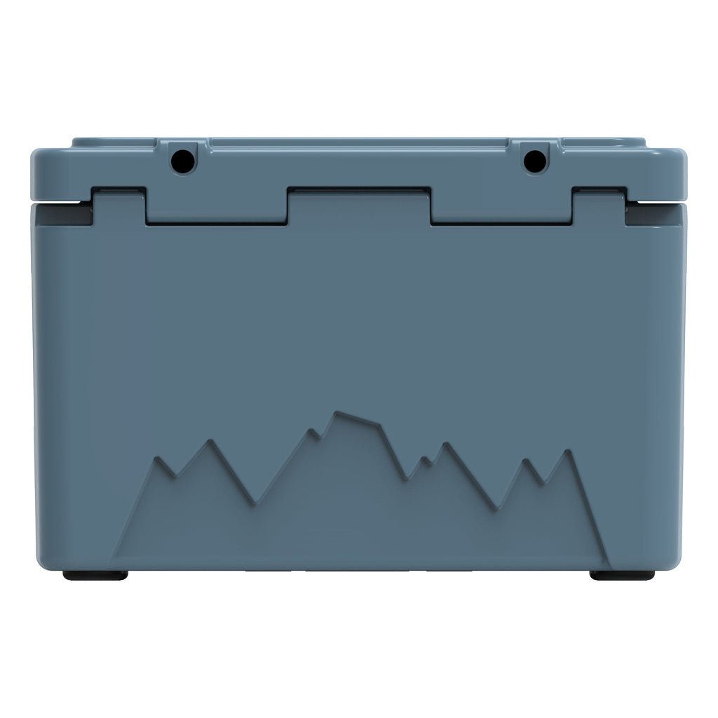 Back of the slate-blue hard cooler showing the lid hinges and a mountain graphic