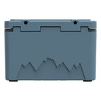 Back of the slate-blue hard cooler showing the lid hinges and a mountain graphic