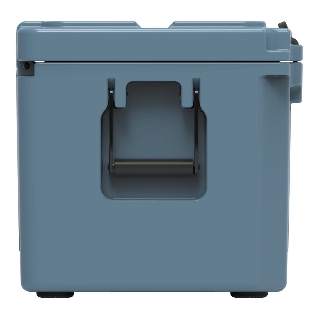 End of the slate-blue hard cooler showing a recessed molded handle