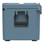 End of the slate-blue hard cooler showing a recessed molded handle
