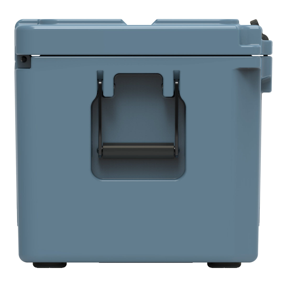 End of the slate-blue hard cooler showing a recessed molded handle