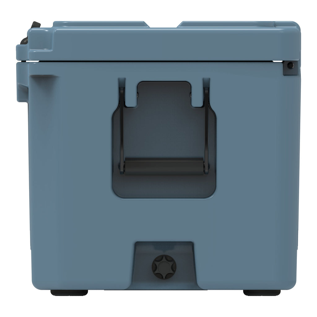 End of the slate-blue hard cooler showing a molded handle and the drain plug