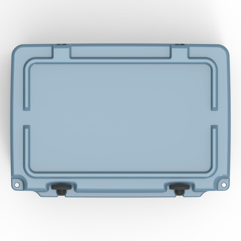 Top-down view of the slate-blue hard cooler's closed lid