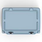 Top-down view of the slate-blue hard cooler's closed lid