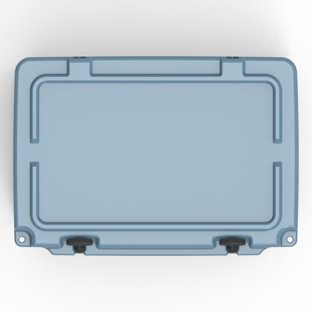 Top-down view of the slate-blue hard cooler's closed lid