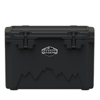 Black hard cooler from the front with two rubber latches, a Cordova badge and a mountain graphic
