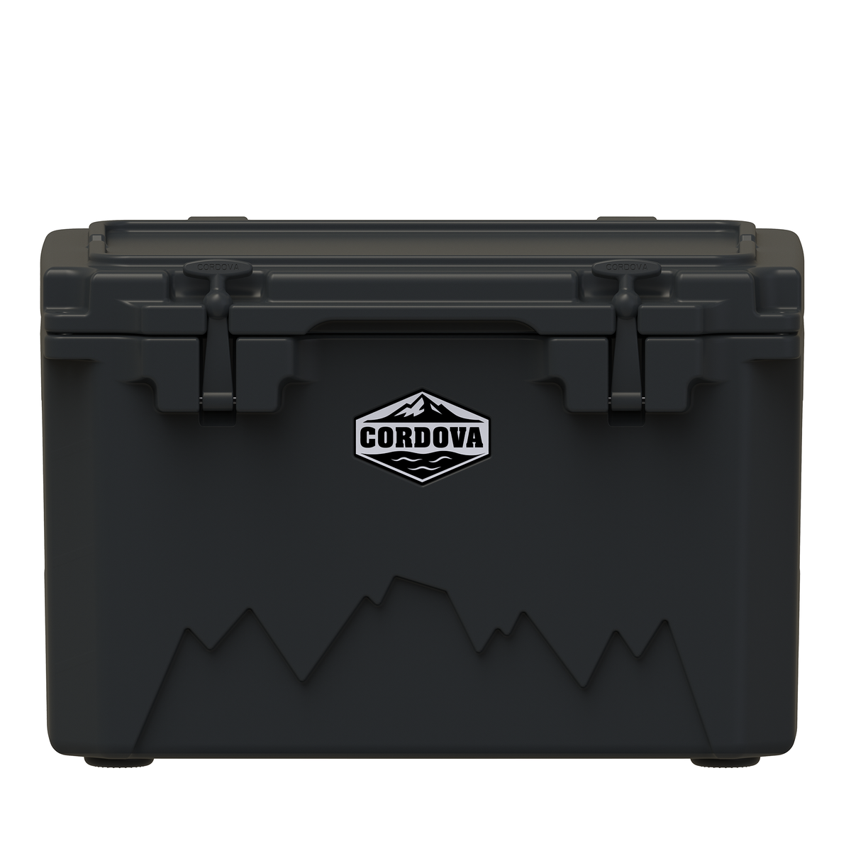 Black hard cooler from the front with two rubber latches, a Cordova badge and a mountain graphic