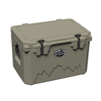 Tan hard cooler at an angle with the lid closed, on black