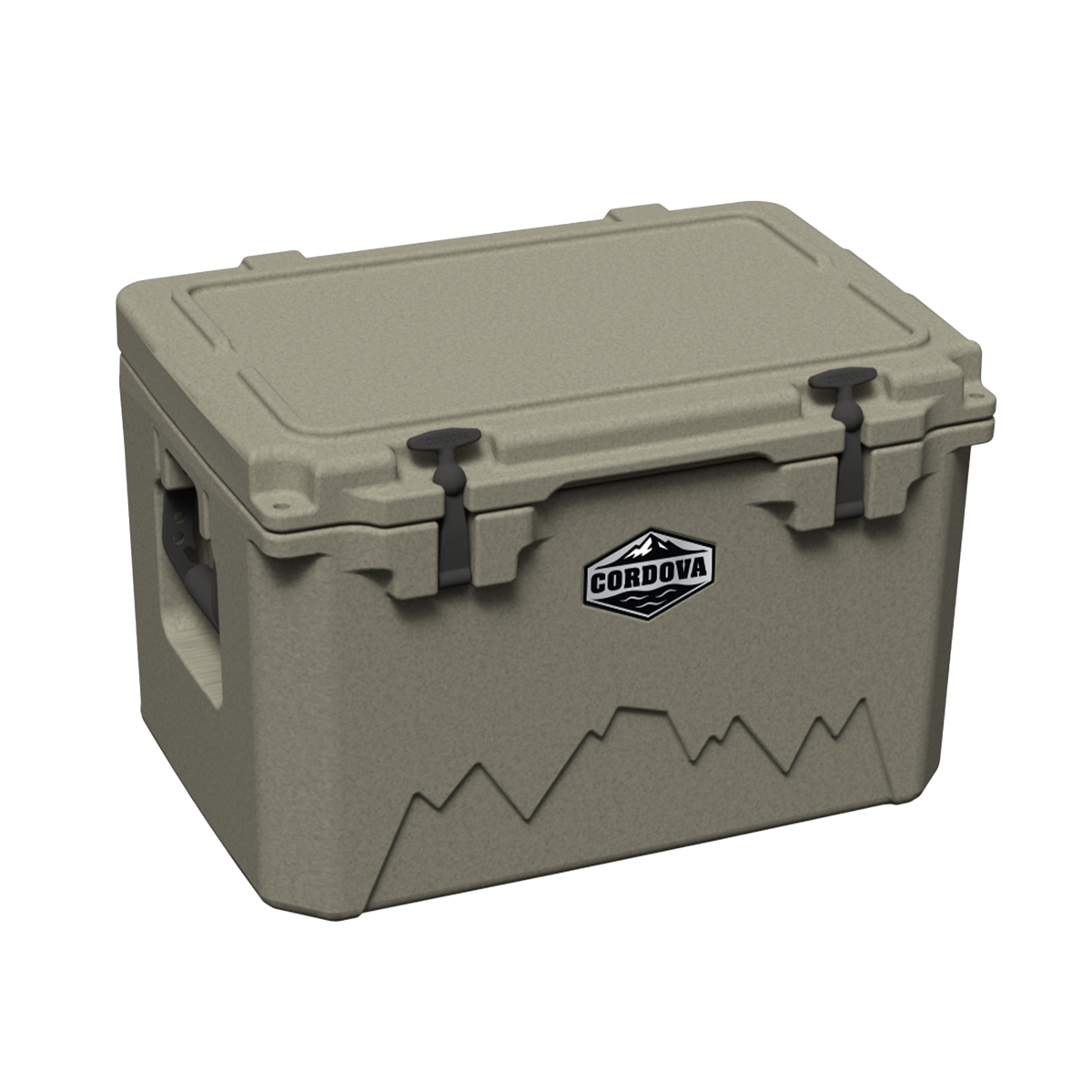 Tan hard cooler at an angle with the lid closed, on black
