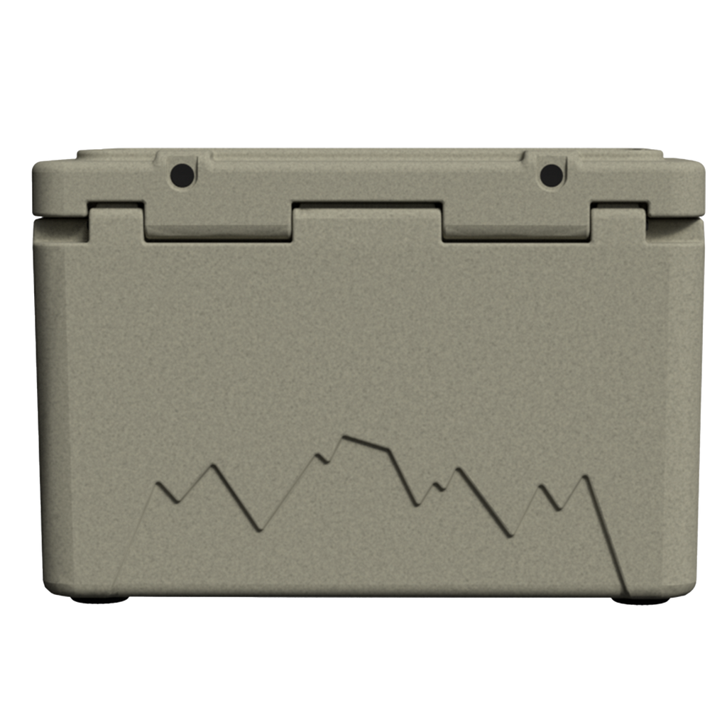 Back of the tan hard cooler showing the lid hinges and a mountain graphic, on black