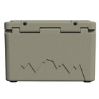 Back of the tan hard cooler showing the lid hinges and a mountain graphic, on black