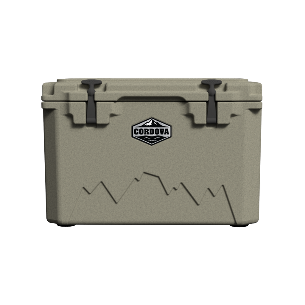 Tan 45 qt hard cooler from the front, shown smaller on black