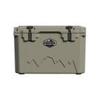 Tan 45 qt hard cooler from the front, shown smaller on black