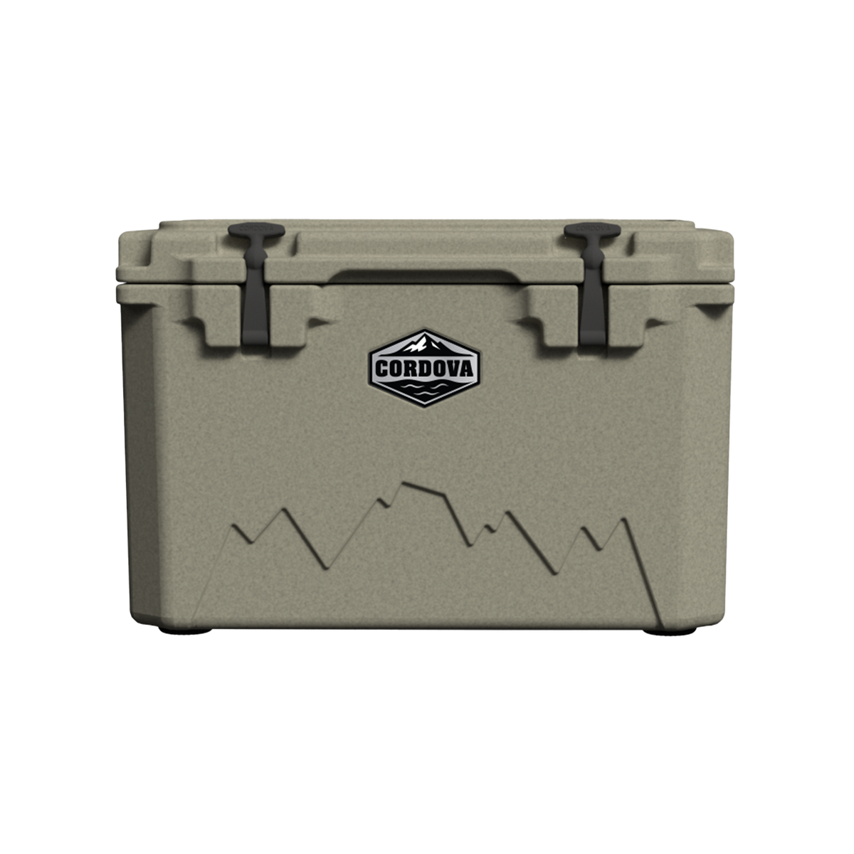 Tan 45 qt hard cooler from the front, shown smaller on black