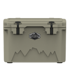Tan hard cooler from the front, two black rubber latches and a Cordova badge, on black