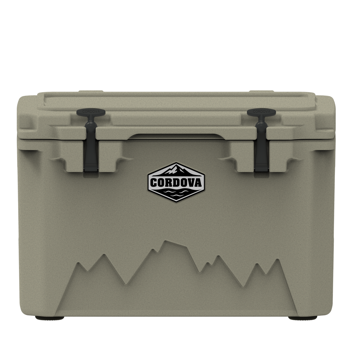 Tan hard cooler from the front, two black rubber latches and a Cordova badge, on black
