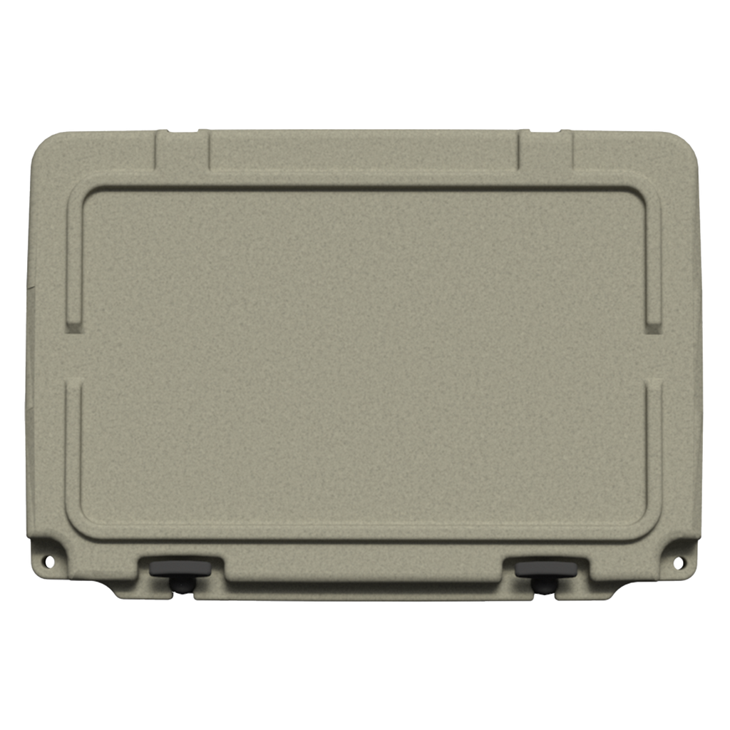Top-down view of the tan hard cooler's closed lid, on black
