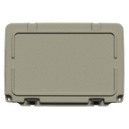 Top-down view of the tan hard cooler's closed lid, on black