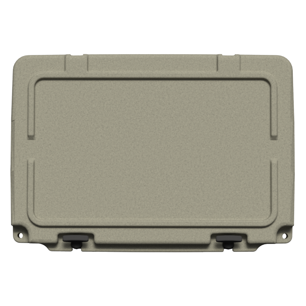 Top-down view of the tan hard cooler's closed lid, on black