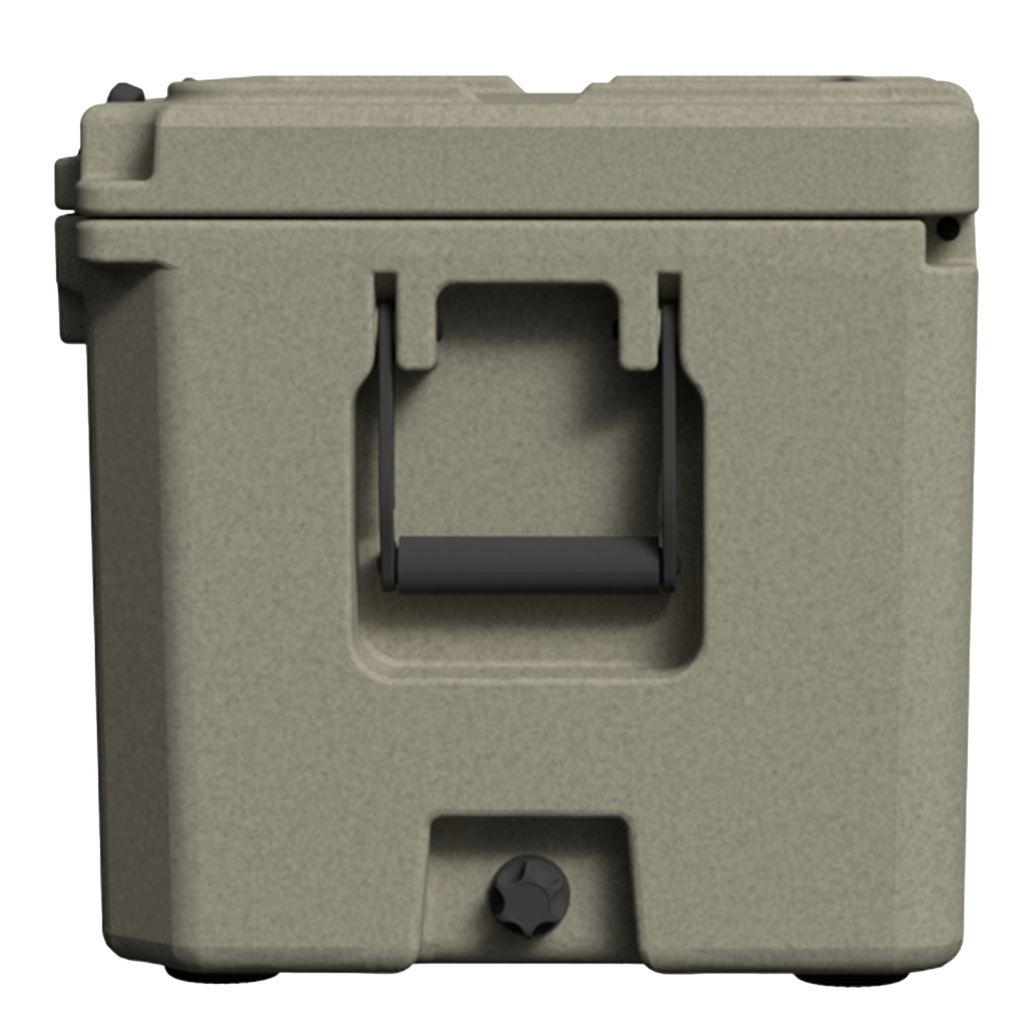 End of the tan hard cooler showing a molded handle and the drain plug, on black