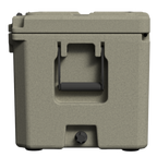 End of the tan hard cooler showing a molded handle and the drain plug, on black