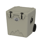 Tan wheeled cooler at an angle with the lid closed and a black wheel on the side