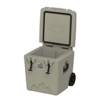 Tan wheeled cooler at an angle with the lid open, showing the lid gasket and empty insulated well