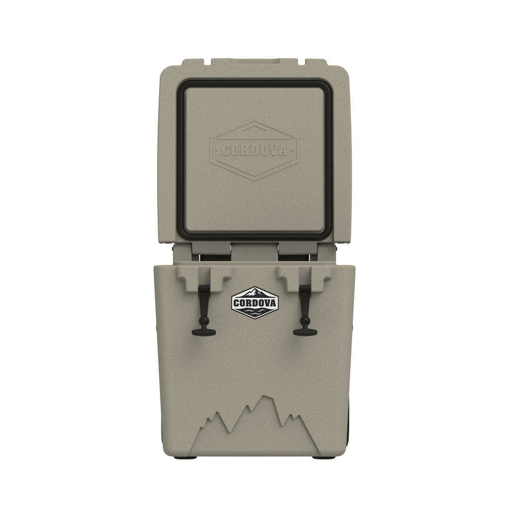 Tan wheeled cooler from the front with the lid standing open