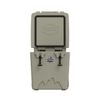 Tan wheeled cooler from the front with the lid standing open