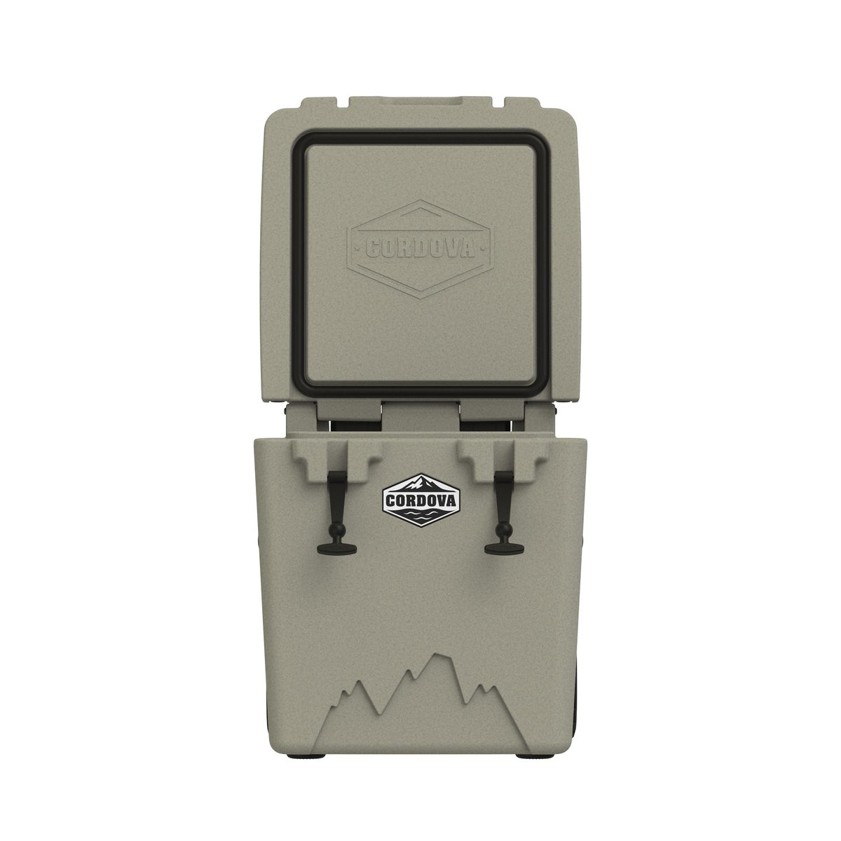 Tan wheeled cooler from the front with the lid standing open