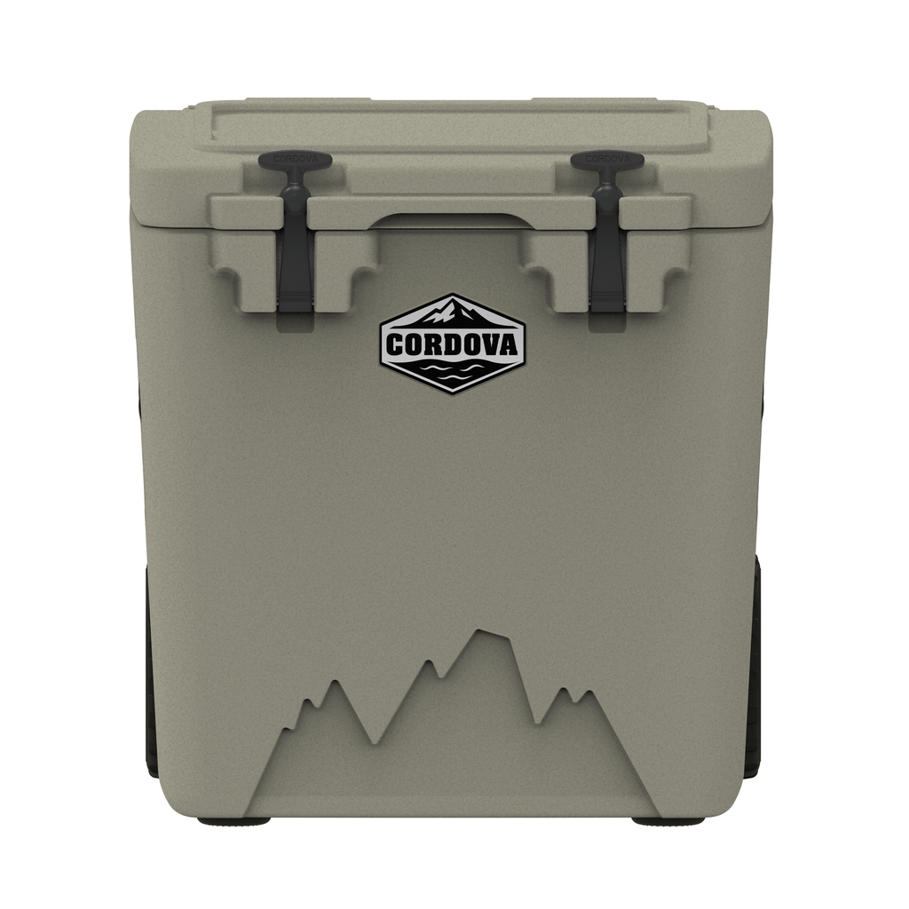 Close front view of the tan wheeled hard cooler with two black latches