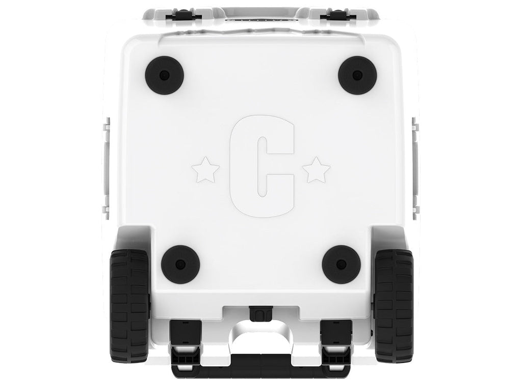 Underside of the white wheeled cooler showing four rubber feet, two wheels and a molded C logo