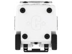 Underside of the white wheeled cooler showing four rubber feet, two wheels and a molded C logo