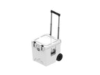 White wheeled cooler from above at an angle, lid closed, handle raised