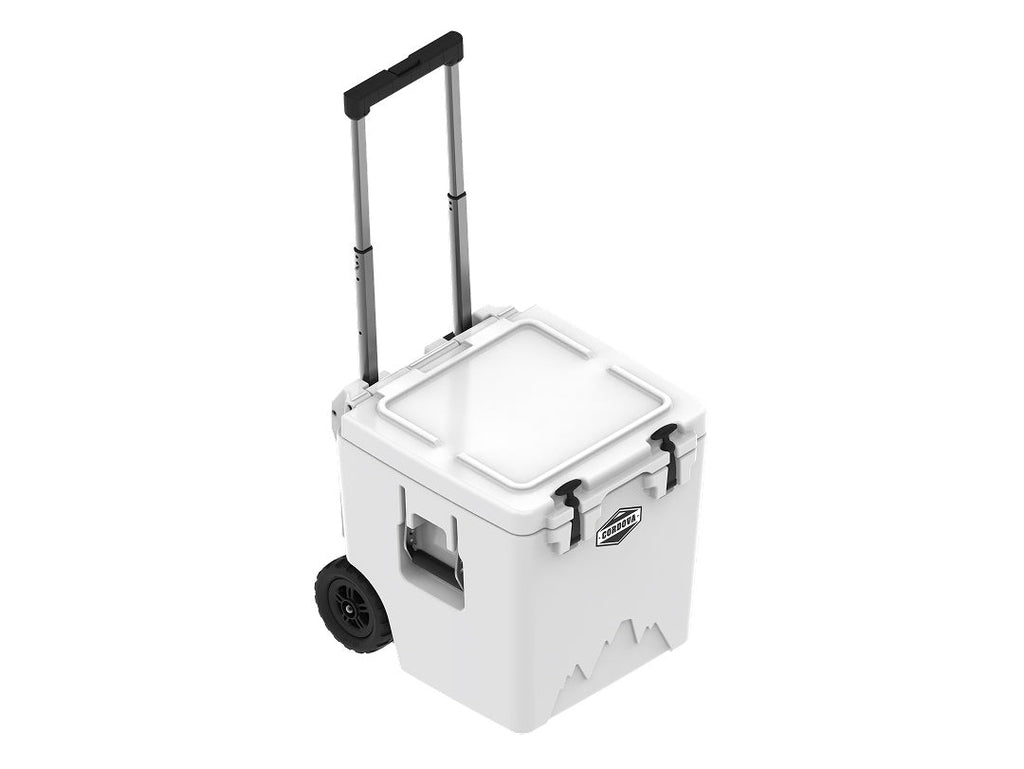 White wheeled cooler at an angle with the handle extended and the lid closed