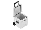 White wheeled cooler at an angle with the lid open and the handle up