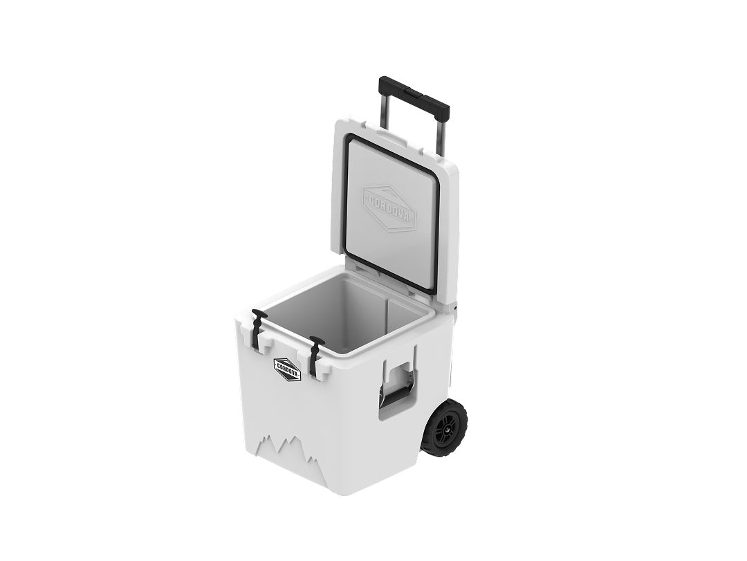 White wheeled cooler at an angle with the lid propped open