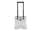 White wheeled hard cooler from the front with its telescoping handle fully raised