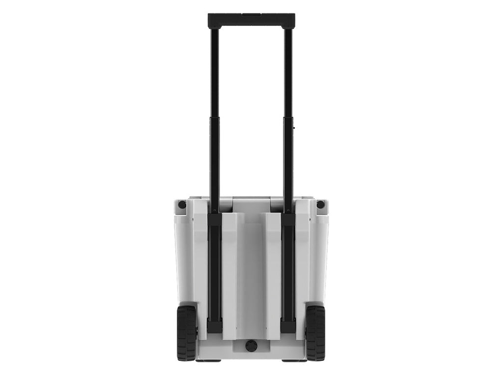 Back of the white wheeled cooler with the telescoping handle raised between two black wheels