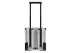 Back of the white wheeled cooler with the telescoping handle raised between two black wheels
