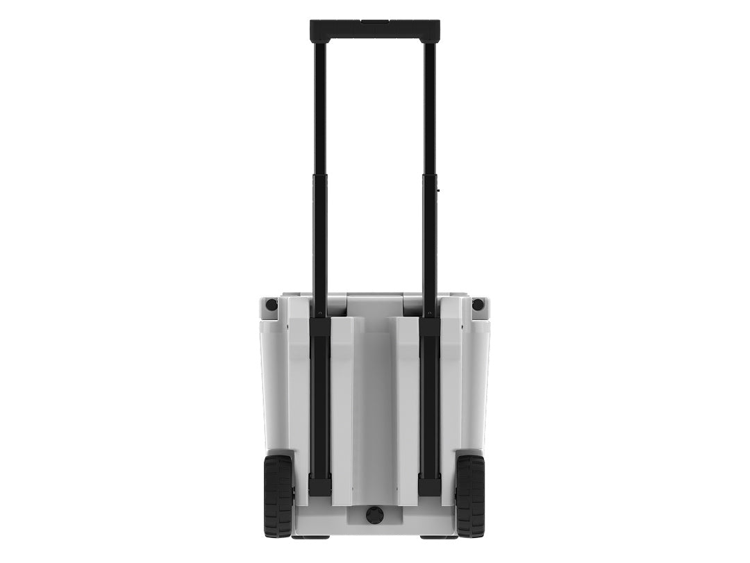 Back of the white wheeled cooler with the telescoping handle raised between two black wheels